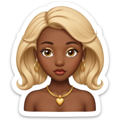 darkskin female with eyebrows that are naturally shaped and frame eyes well, eyes that are almond-shaped with defined lashes. nd lips are full with a defined cupid’s bow, add also a septum piercing that adds an edgy, stylish flair. a middle-part, honey blonde bust-down with laid baby hairs sticker