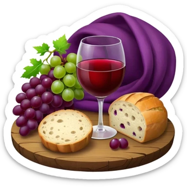 Please make a wine glass with a red cloth, make some grapes and a whole round loaf of bread, and place them on an elegant board. sticker