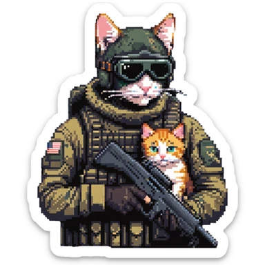 Simple pixel art of man with goggles in tactical gear holding gun and cat sticker
