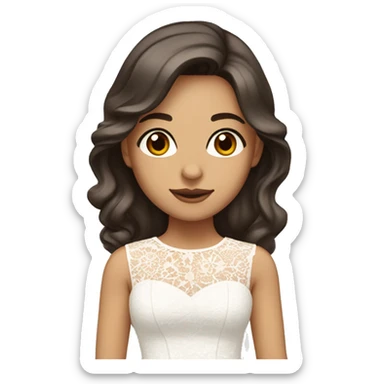 Adult woman with brown eyes, light tanned skin, long wavy dark brown hair, wearing a white lace dress sticker