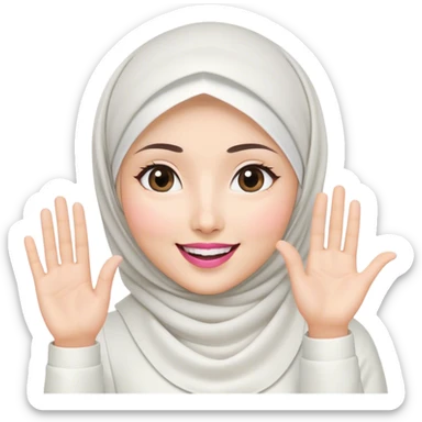 Asian white woman hijab, her hijab color is white, her face is small oval, her face is firm, her lips are pink, her eyes is shining, her face looks happy and excited, her eyes are also smiling, her outfit color is white. Generate emoji that show a half of her body and her gesture waving hand sticker