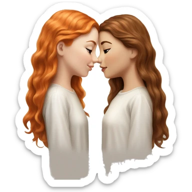 serene two white girls. one has wavy brunette hair and the other has natural soft orange hair delicate fringe. standing together kissing in gentle light. calm and content. hyper-realistic soft textures fine details glow on skin sticker
