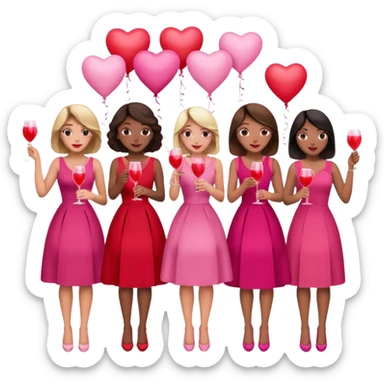 galentines party : they wea red and pink dresses, hold pink and red heart balloons and pink cocktails in their hands, there is a blond girl, a brunette, an asian, and a brown skin girl sticker