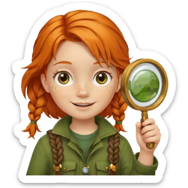 braid orange haired girl kid in moss green explorer outfit, holding magnifying glass, smile sticker