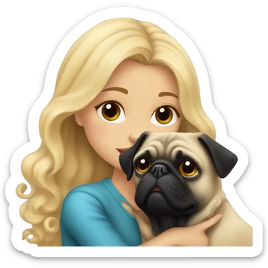 Girl with wavy blonde hair kissing a black pug sticker