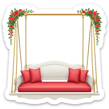 Romantic white wooden pastel-red cushions couch-swing with tiny gold flowers around sticker