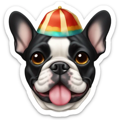 Black-and-tan French bulldog wearing a clown hat sticker