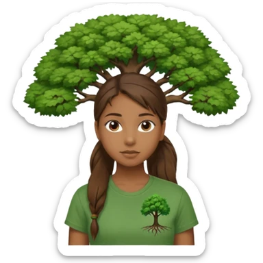 Make a zumba coach emoji, brown eyes, brown hair girl, green shirt withe "the roots" on it, longer pony tail hair, add the tree logo for the roots sticker