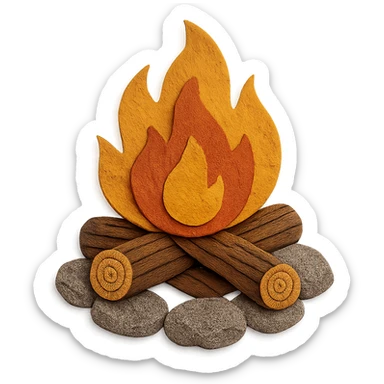 very detailed campfire, highly textured flames, realistic wood logs, textured rocks surrounding the fire, paper craft style sticker