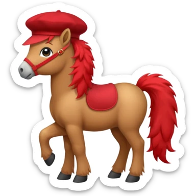 A cute pony (horse) emoji, full body, standing in side view, wearing a stylish red beret. sticker