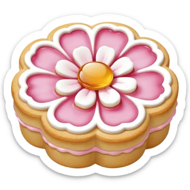 Realistic shortbread cookie in the shape of a camilia flower with pastel pink color jelly middle filling andkled powder sugar on top.emoj sprini sticker