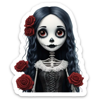 full body, hyper realism, full height skeleton, tim burton "corpse bride", thin porcelain doll with a cracked face, goth makeup watery eyes, long hair, lace and ruffles, lolita style, inked, black and white, red roses sticker