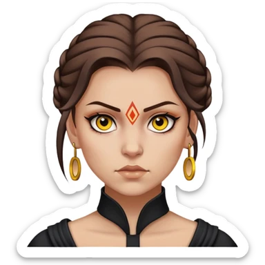 A Sith girl with brown hair, yellow eyes, a circle tattoo near her right eye, and a hairstyle pulled back with strands  sticker