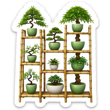 Twisted bamboo shelving unit with bonsai plants and decorative items sticker
