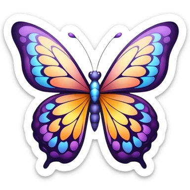 Cinematic Elegant Butterfly Portrait Emoji, Poised and ethereal, with delicate, intricately patterned wings in a kaleidoscope of soft, vibrant colors, a slender, graceful body, and gentle, observant eyes, Simplified yet exquisitely delicate features, highly detailed, glowing with a soft, radiant luminescence, high shine, intelligent and enchanting, stylized with an air of whimsical floral elegance, focused and poised, soft glowing outline, capturing the essence of a watchful butterfly that appears ready to flutter out of the screen with magical grace! sticker