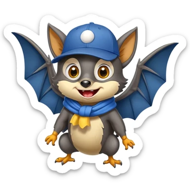 Friendly flying fox bat mascot with cheerful mischievous expression, large spread wings, big expressive eyes with playful glint, smiling mouth showing small fangs, wearing yellow and blue scarf wrapped around neck, blue baseball cap tilted to one side, dark grey body with white highlights, circular composition sticker