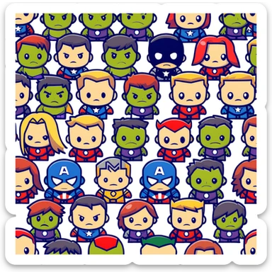 Chibi Avengers team with cute small proportions, big heads, tiny bodies. Include Iron Man, Captain America, Thor, Hulk, Black Widow, and Hawkeye with adorable expressions sticker