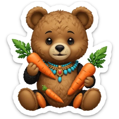 teddy bear Upper eat carrot , wearing black mayan ancient custome, half body sticker