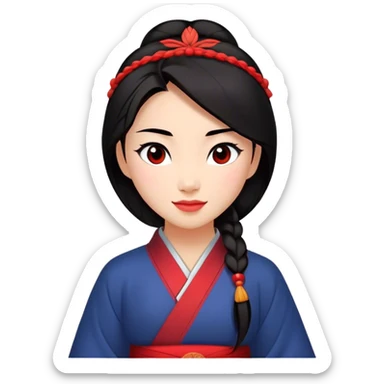 Cinematic Radiant Mulan Portrait Emoji, rendered in a realistic, vector-style with clean proportions. Show Mulan with a soft, confident smile, warm skin, and expressive eyes, her dark hair styled simply, and dressed in traditional clothing with understated red accents. The image radiates a gentle, luminous glow and high shine, accentuated by a soft glowing outline. sticker