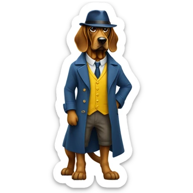 Full body Studious blue and yellow bloodhound-wearing bifocals. To hat and trenchcoat. sticker