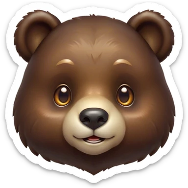 Cinematic Cute Bear Portrait Emoji, Head tilted playfully and inquisitively, featuring a glossy dark brown fur with a natural sheen and round, sparkling eyes filled with gentle curiosity, Simplified yet irresistibly adorable features, highly detailed, glowing with a warm, friendly glow, high shine, affectionate and mighty, stylized with a touch of woodland whimsy, bright and endearing, soft glowing outline, capturing the essence of a mischievous yet loving bear, so playful it feels like it could amble out of the screen and into your arms! sticker
