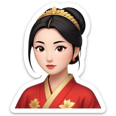 Cinematic Elegant Mulan Portrait Emoji, rendered in a flat, vector-style with minimal shading and bold, simplified shapes. Depict Mulan (chest and above) with warm, light-toned skin, almond-shaped eyes, and sleek black hair styled in a traditional bun. She wears a modest, traditional robe with subtle red and gold accents, glowing with a soft, refined radiance and high shine, capturing timeless beauty and inner strength. sticker