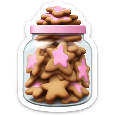 Realistic glass cookie jar with light pink lid full of gingerbread cookies isolated.  sticker
