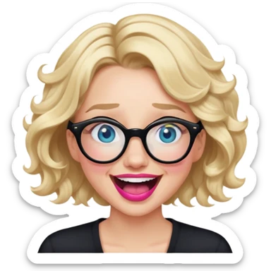 Blonde woman with short wavy hair, blue eyes nearly closed and pink lips wearing black glasses and laughing hysterically  sticker