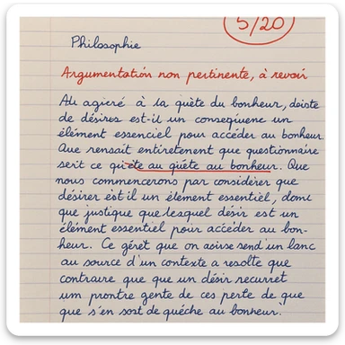 handwritten high school philosophy paper in French on lined notebook paper, blue or black ink, grade 5/20 circled in red at the top, teacher's comment in French: 'Argumentation non pertinente, à revoir' in red pen, some corrections and underlines sticker