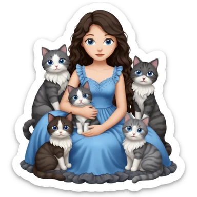detailed realistic looking a dark grey and white cat regally sitting with six other cats, cuddling with their owner who is a pretty bratz lightly tanned white girl with long dark brown hair, blue eyes and gorgeous long wavy hair wearing a pretty detailed dress sticker
