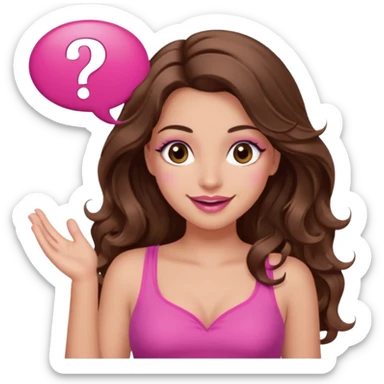 girl with long wavy brown hair, brown eyes, long lashes makeup, sexy pink lips, light to medium complexion, wearing a pink sexy top, shugging, smiling, question mark one speech bubble sticker