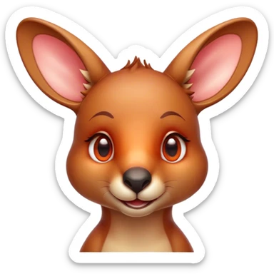 Cinematic Cute Kangaroo Portrait Emoji, Head tilted playfully and inquisitively, featuring a glossy red-orange fur with soft, rounded ears and round, sparkling amber eyes full of curious mischief, Simplified yet irresistibly adorable features, highly detailed, glowing with a warm, friendly glow, high shine, affectionate and bouncy, stylized with a touch of outback whimsy, bright and endearing, soft glowing outline, capturing the essence of a mischievous yet loving kangaroo, so playful it feels like it could hop out of the screen and into your arms! sticker