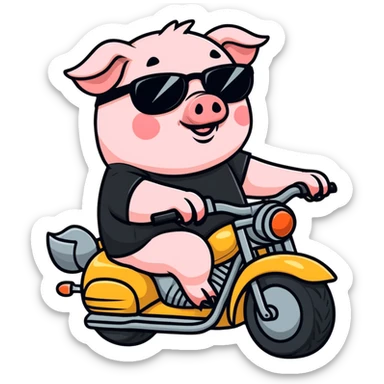 Pig wearing black t-shirt and sunglasses riding a motorcycle sticker