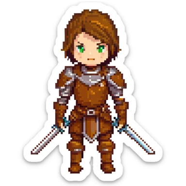 rogue character, brown leather armor, dual short swords, mysterious expression sticker
