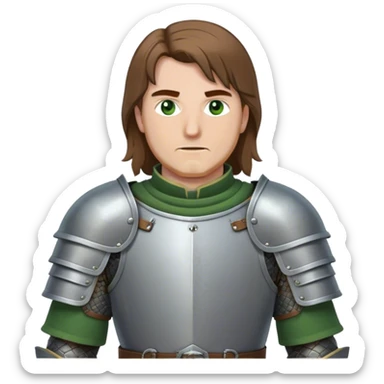 medieval battle armor worn by a DnD themed fantasy character. basic padded gambeson with metal pauldrons and a reinforced gorget. armor only above the waist. The armor full waist. The character's haven't arms. character is brown hair green eyes shoulder-length straight hair white man. sticker