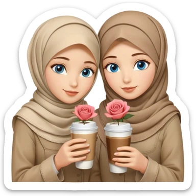 Turkish beautiful finish Konya two girls blue eyes with beige denim hijab islamic dress and had on her hand Rose Cold turkish coffee   sticker