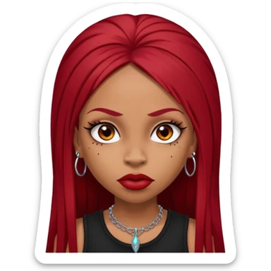 light-skinned black girl with very long eyelashes with long strait dark red hair with edges wearing a black top with no sleeves. and a red accessory on her head with nose and mouth piercings and is a baddie and looks like a bad girl. sticker