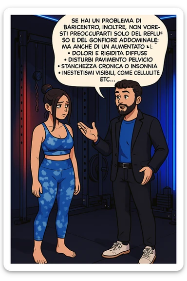 TRASFORMA QUESTO CAROSELLO IN UN FUMETTO STILE WEBTOON/MANGA A COLORI CON QUESTE DUE PERSONE IDENTICHE CHE INTERLOQUISCONO TRA LORO, L'uomo sta spiegando alla donna questo concetto:

Se hai un problema di baricentro, inoltre, non dovresti preoccuparti solo del reflusso e del gonfiore addominale, ma anche di un aumentato rischio di:
    • dolori e rigidità diffuse
    • disturbi pavimento pelvico
    • stanchezza cronica o insonnia
    • inestetismi visibili, come celluluite
    • etc… sticker