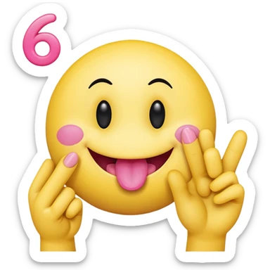 The image is a digital illustration of a yellow smiley face with big, round eyes and a big smile. The face is holding a pink tongue sticking out and making a 67 with its fingers. Above the face, The background is white. sticker