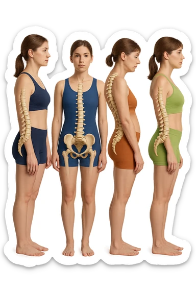 fai un immagine identica che riguarda 3 posture scorrette: scoliosi, ipercifosi e iperlordosi. falla iperrealistica anatomica in 4k con spina dorsale storta in evidenza su ogni figura sticker