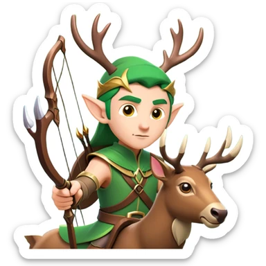 clash-of-clans-aesthetic-focused-elf-archer-portrait-emoji, rendered in a flat, vector-style with minimal shading and bold, simplified shapes, head tilted slightly forward with a determined, focused expression, riding a majestic stag whose luminous antlers glow with mystical energy, set against an ancient, enchanted forest backdrop. sticker