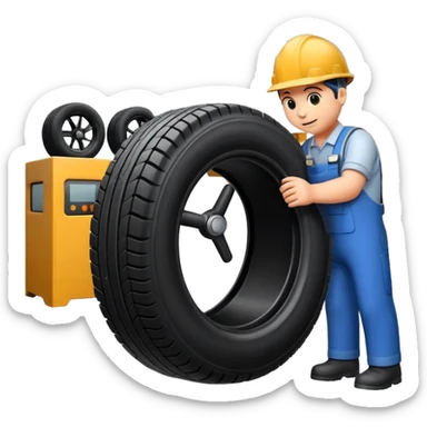 please draw me a emoji of tire - inside the manufacturing factory - getting inspected by machine sticker
