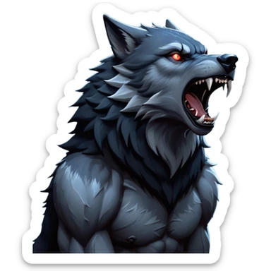 cinematic-noble-fierce-werewolf-howling-portrait-emoji, poised-and-imposing, with a fierce wolfish face tilted upwards in a haunting howl, glowing eyes full of primal ferocity, sharp, and a rugged snout, fur rippling in shades of midnight black and silver, muscles tensed as the powerful howl echoes beneath the moonlit sky; rendered with realism, capturing the raw, untamed power of the beast in its wild, primal state sticker