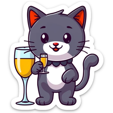 black cat with a red clown nose and a glass of champagne in its paw, playful and festive sticker