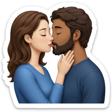 The woman is kissing the forehead of the man, side profile, White woman (brown hair with eyes closed) and brown man with black wavy hair (has a a beard with his eyes closed too). sticker