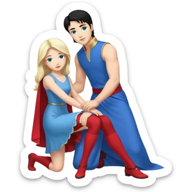 prince, upright, black Hair, blue eyes, blue garment,  Woman, blonde Hair, Green eyes, bending knee, sleveless White Dress, sticker