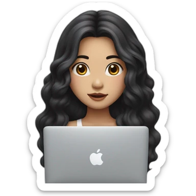 Korean girl with long and wavy black hair in front of her macbook, face whiter sticker
