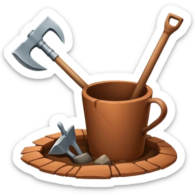 An icon featuring a shovel, pickaxe, and an ancient artifact like a broken pot, symbolizing the essentials of archaeology. The design focuses on the tools of excavation and discovery, recognizable look. Transparent background. sticker