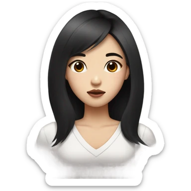 a girl with black hush cut hair with face framing and have straight eyebrow and then have big monolid eye like korean and a pointy nose and plumpy lips look like korean sticker