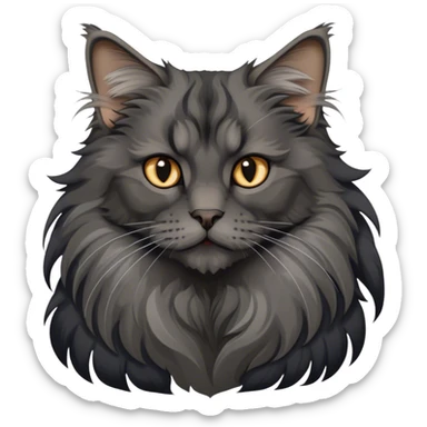 Portrait of a black smoke Maine Coon cat with long grey ear tufts and a large grey ruff around its neck. The cat has a majestic expression, with fluffy fur and striking eyes. Transparent background. sticker